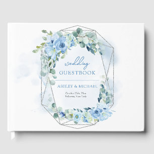 Moderne pastellblaue Blumen Silber Rahmen Salbei Gästebuch