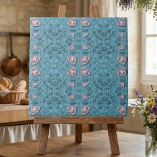 Moderne Pastellblaue und Rosa Florale Damastmuster Fliese