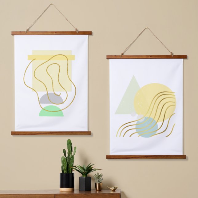 Moderne Pastelle und Gold Abstrakt Wandteppich Mit Holzrahmen (Asymmetrisch)
