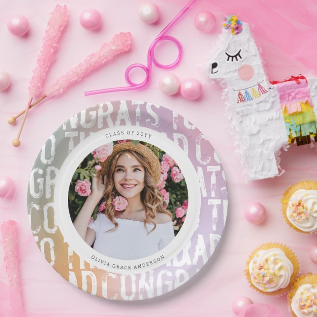 Moderne pastellfarbene Regenbogen-Rosa-Foto-Abschl Pappteller (Party)