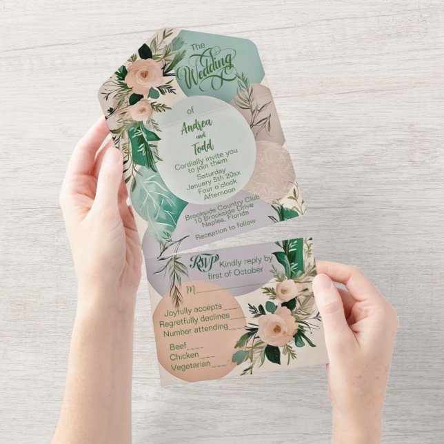 Moderne pastellfarbene, schicke Hochzeit All In One Einladung (Abreißen)