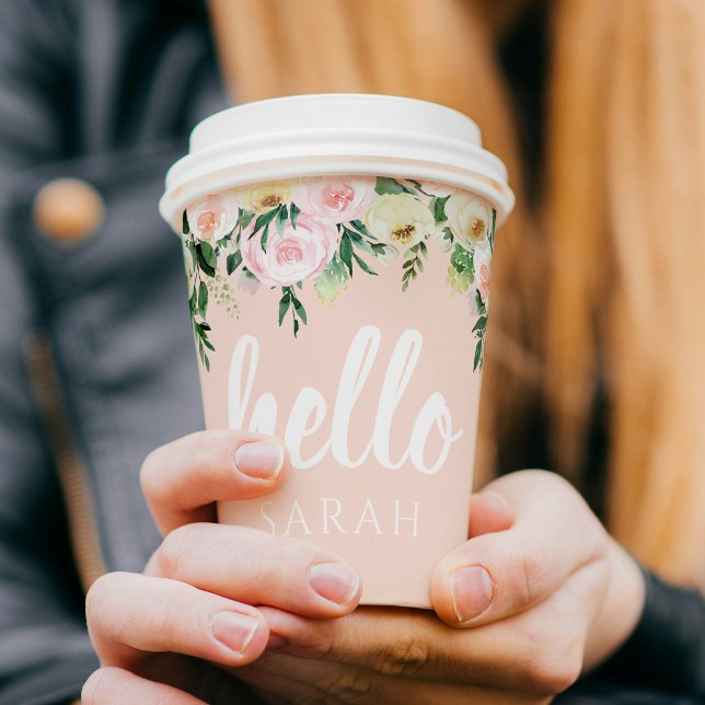 Moderne pastellrosa Blume Hallo und Sie nennen Pappbecher (Von Creator hochgeladen)