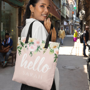 Moderne Pastellrosa Blumen Hallo Und Dein Name Tasche