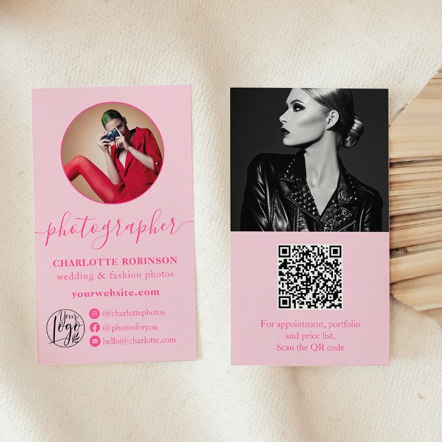 Moderne pastellrosa Foto qr Logo-Fotografen Visitenkarte (Modern pastel pink photo qr code logo photographer business card)