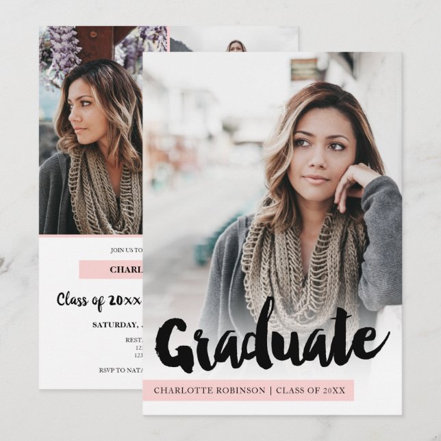 Moderne pastellrosa Gradskriptatur 4 Fotos Abschlu Einladung (Vorne/Hinten)
