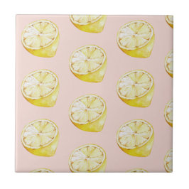 Moderne pastellrosa und gelbe Zitronen Muster Fliese