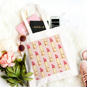 Moderne Pastellrosa und rote Lippenstift Muster Mä Tragetasche