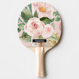 Moderne Pastellrosa Wasserfarben Blumen & Name Tischtennis Schläger