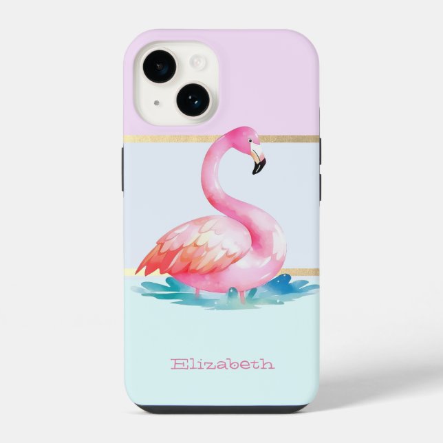 Moderne Pastellstreifen, rosa Flamingos iPhone 14 Hülle (Rückseite)