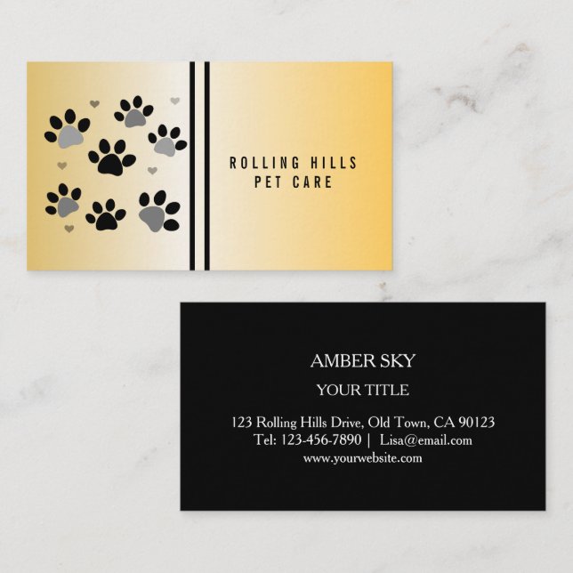 Moderne Paw Black and Gold Pet Care Business Card Visitenkarte (Vorne/Hinten)