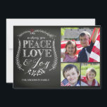 Moderne Peace Liebe Joy Chalkboard Feiertagskarte<br><div class="desc">Zeitgenössische Tafel 3 Foto Weihnachtsferien Fotokarte mit schönen handgeschriebenen Typografie mit dem Sprichwort "wünscht Ihnen Frieden Liebe & Freude mit handgezeichneten Schnörkeln.</div>