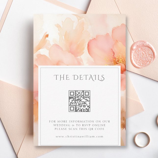 Moderne Peach Blume Wedding Details QR Code Begleitkarte (Von Creator hochgeladen)