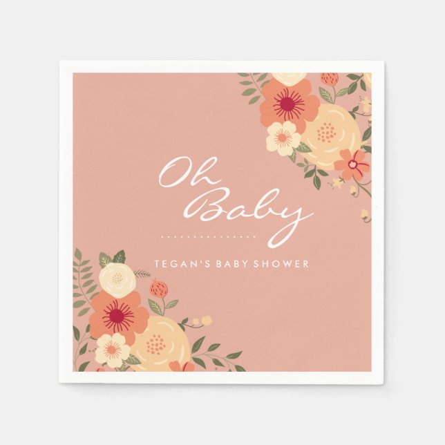 Moderne Peach floral Oh Baby Dusche Napkins Serviette (Vorderseite)