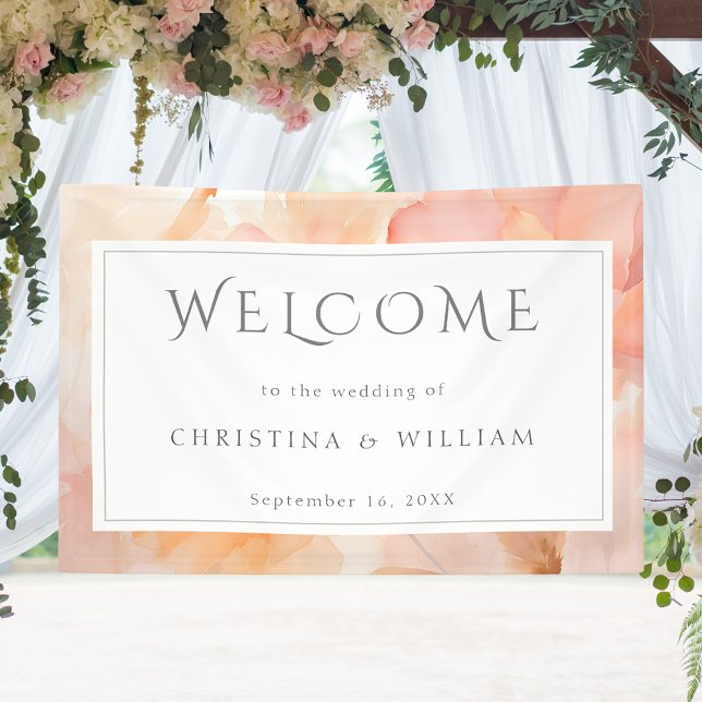 Moderne Peach Floral Wedding Willkommen Banner (Von Creator hochgeladen)