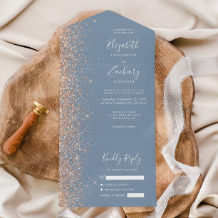Moderne Peach Glitter-Staubblaue Hochzeit All In One Einladung