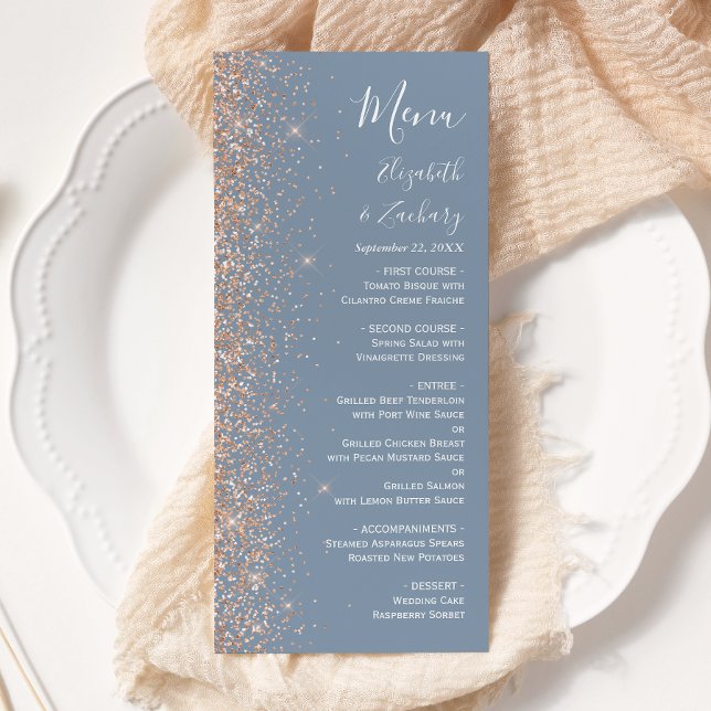 Moderne Peach Glitzer Dusty Blue Wedding Menükarte (Von Creator hochgeladen)