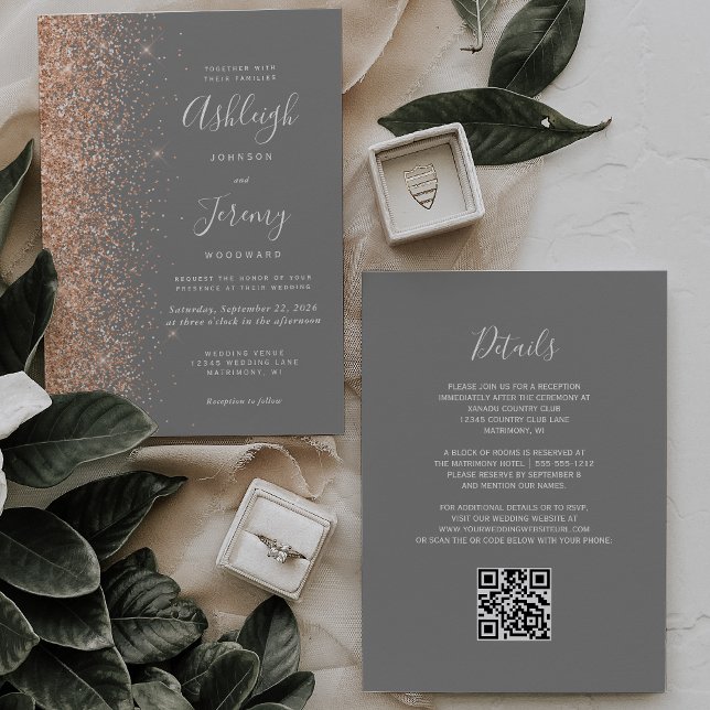 Moderne Peach Glitzer Graue QR Code Hochzeit Einladung (Von Creator hochgeladen)