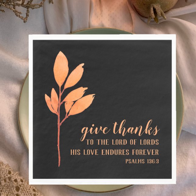 Moderne Peach Gold Wasserfarbe Dankeschön Drehbuch Serviette (Give thanks to the Lord of Lords. Christian scripture modern boho watercolor botanical napkin.)