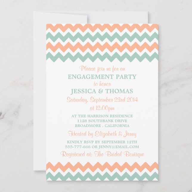 Moderne Peach & Mini Zickzack Engagement Party Einladung (Vorderseite)