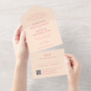 Moderne Peach QR-Code Elegante Hochzeit All In One Einladung