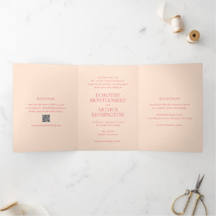 Moderne Peach QR Code Elegante Hochzeit Dreifach Gefaltete Einladung
