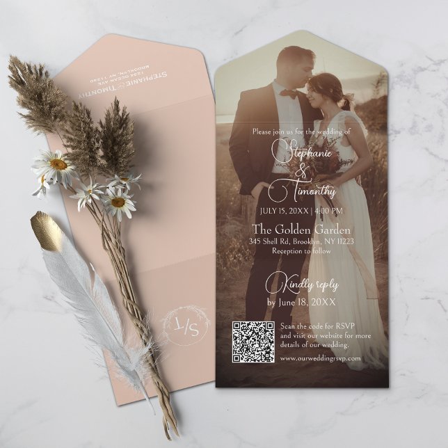 Moderne Peach QR Code Foto Hochzeit All In One Einladung (All-in-one wedding invitation with QR code to RSVP - Simplify and save time for you and your guests.)