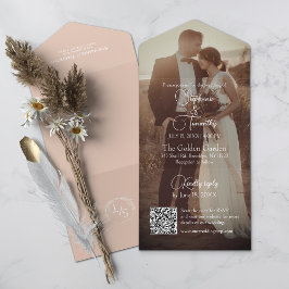 Moderne Peach QR Code Foto Hochzeit All In One Einladung