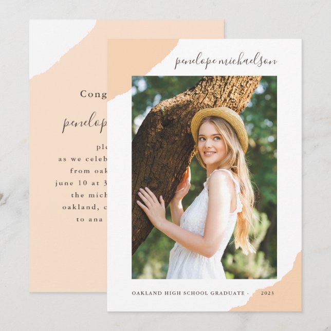 Moderne Peach Splashes Foto Graduation Party Einladung (Vorne/Hinten)