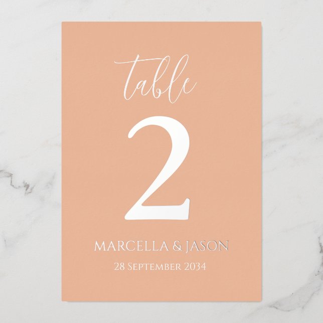 Moderne Peach Wedding Tischnummer Rose Gold (Vorderseite)