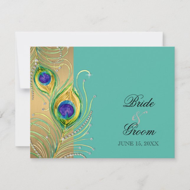 Moderne Peacock Feathers Imitate Jewel Scroll Swir RSVP Karte (Vorderseite)