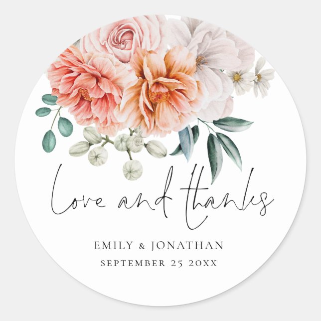 Moderne Peonies Peach Koral Liebe Dank Hochzeit Runder Aufkleber (Vorderseite)