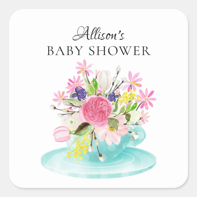 Moderne Peony Floral Baby ShowerTee Quadratischer Aufkleber (Vorderseite)