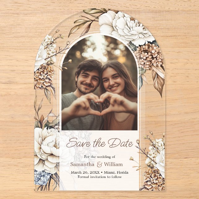 Moderne Peony & Hydrangea Hochzeit retten das Datu Acryleinladungen (Vorderseite)
