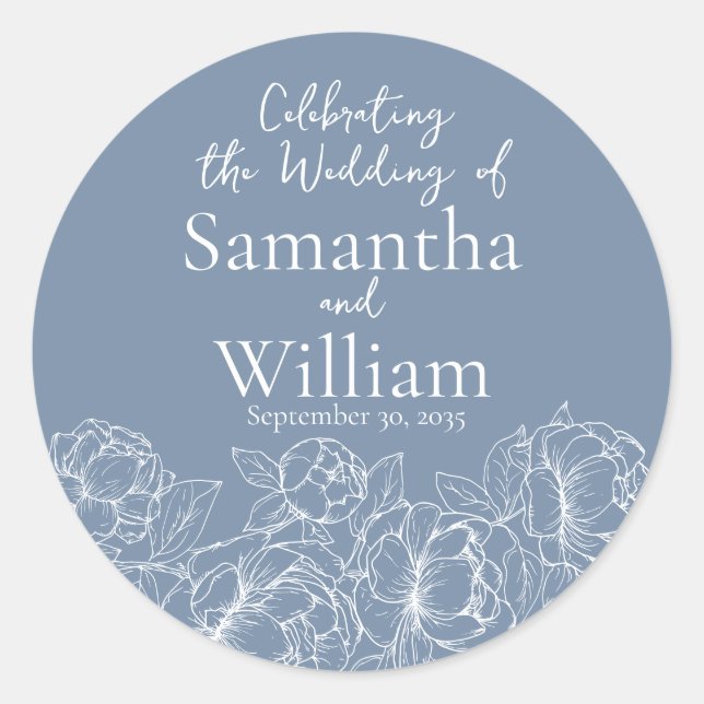 Moderne Periwinkle Blue Boho Floral Wedding Runder Aufkleber (Vorderseite)