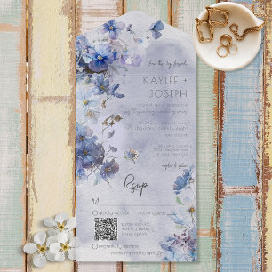 Moderne Periwinkle Blue Wildblumen QR Code All In One Einladung