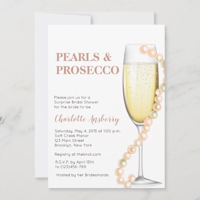 Moderne Perlen und Prosecco Brautparty Einladung (Vorderseite)