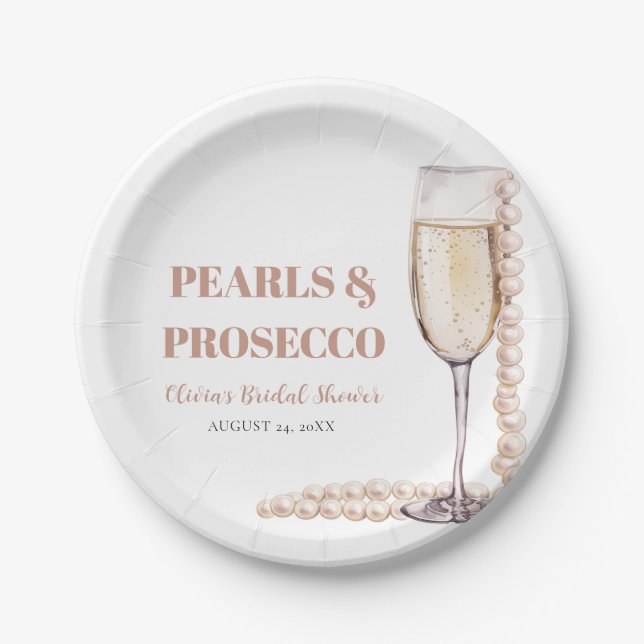 Moderne Perlen und Prosecco Brautparty Pappteller (Vorderseite)