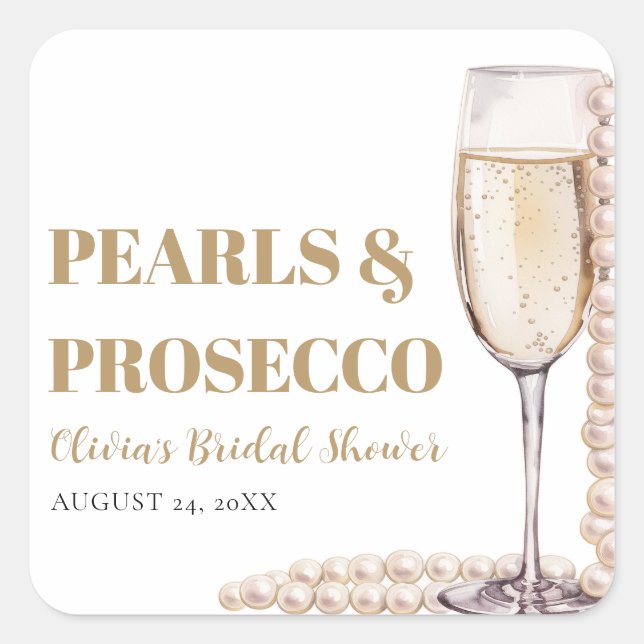 Moderne Perlen und Prosecco Brautparty Quadratischer Aufkleber (Vorderseite)