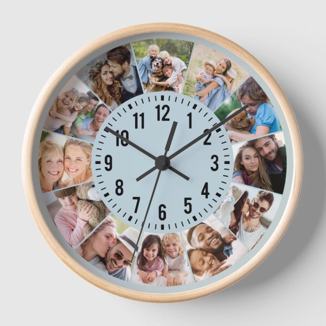 Moderne Personalisiert Blue 12 Foto Collage Uhr (Vorderseite)