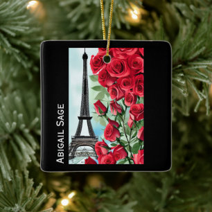 Moderne Personalisierte Eiffelturm-Rote Rosen Keramikornament