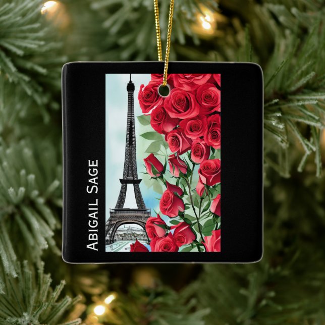 Moderne Personalisierte Eiffelturm-Rote Rosen Keramikornament (Baum)