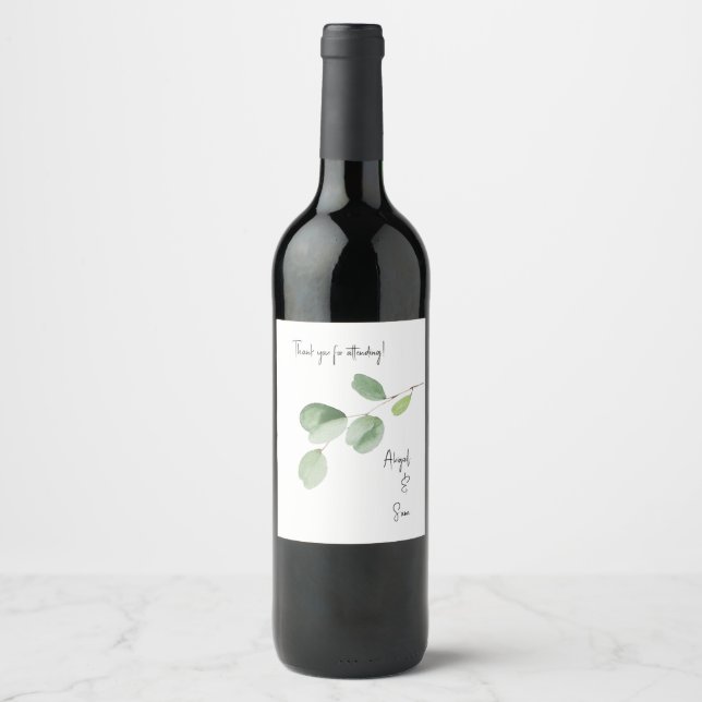 Moderne Personalisierte Eukalyptus-Hochzeit Weinetikett (Vorderseite)