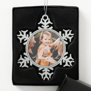 Moderne personalisierte Foto-Annahme-Erklärung Schneeflocken Zinn-Ornament