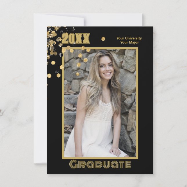 Moderne Personalisierte Foto Black Gold Glitzern Einladung (Vorderseite)