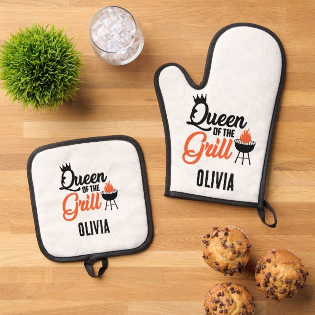 Moderne Personalisierte Königin des Grills Ofenhandschuh & Topflappen-Set (Oben Unten)