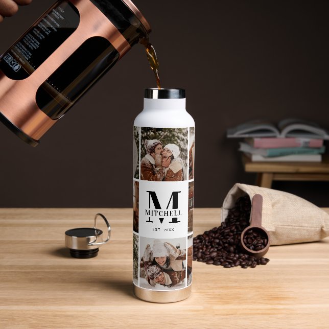 Moderne Personalisierte Monogramm- und FotoCollage Trinkflasche (Kaffee)