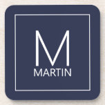 Moderne Personalisierte Monogramm und Name Getränk Getränkeuntersetzer<br><div class="desc">Modernes,  minimalistisches Design mit personalisiertem Monogramm und Namen in weißem,  modernem Sans Serif Schriftart auf marineblau Hintergrund.</div>