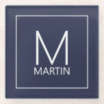 Moderne Personalisierte Monogramm- und Namenskolle Glasuntersetzer<br><div class="desc">Modernes,  minimalistisches Design mit personalisiertem Monogramm und Namen in weißem,  modernem Sans Serif Schriftart auf marineblau Hintergrund. Perfekt als Feriengeschenk,  Vatertagsgeschenk für Papa und Geschenk für alle besondere Anlässe.</div>