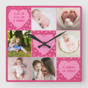 Moderne personalisierte Neugeborenen-Baby-Fotocoll Quadratische Wanduhr