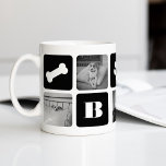 Moderne Pet Monogram Fotolage Kaffeetasse<br><div class="desc">Passen Sie dieses niedliche moderne Design der Tasse mit Ihren Lieblings-Fotos Ihrer Pooch an! Dieses Design ist ein tolles Geschenk für jeden Elternteil. Es besteht aus abwechselnden Quadraten von Fotos und knusprigen schwarzen Blöcken mit Hundeknochen, Pfotendruck, Herz, Monogramm Ihres Hundes oder Ihrer Familie und dem Namen Ihres Junges in weißer...</div>